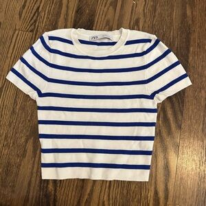Zara Blue and White Striped Short Sleeve Tee